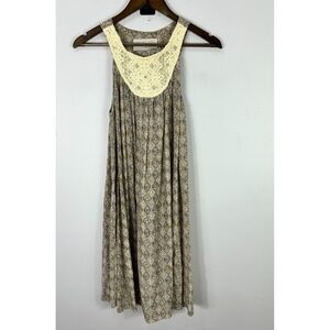 Sunner Silk Mini Dress Womens Small Tan Geometric Crochet Lace Bib Boho Cottage